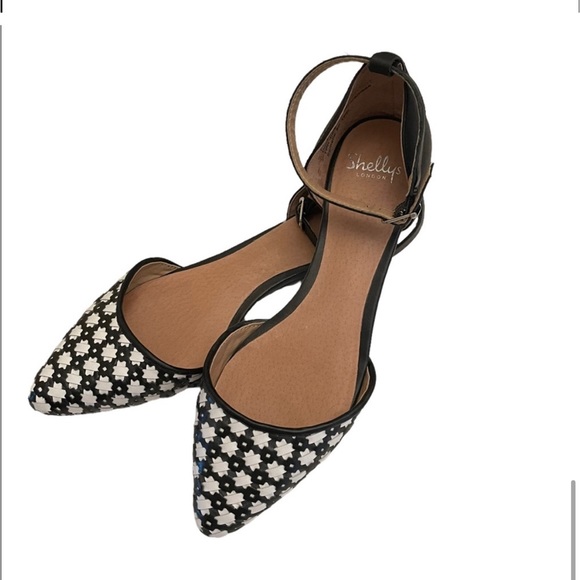 Shellys London black & white Dorsay adjustable ankle straps flat shoes size 10 - Picture 6 of 13